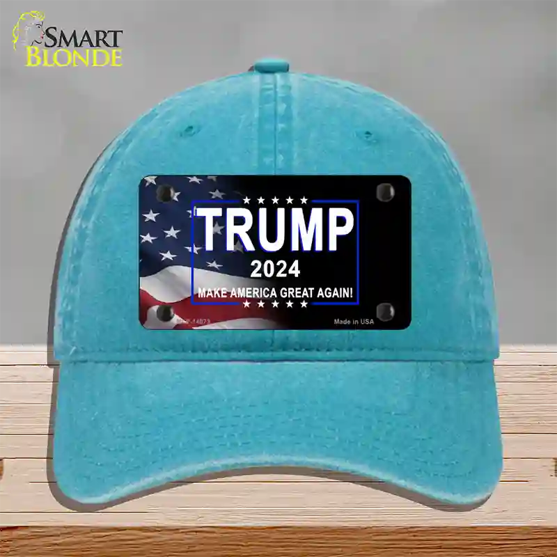 Trump 2024 Flag | Black Novelty License Plate Hat Unconstructed Cotton / Lake Blue