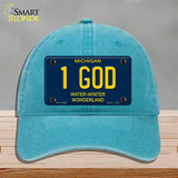 1 God Michigan Blue Novelty License Plate Hat Unconstructed Cotton / Lake Blue