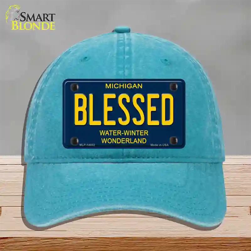 Blessed Michigan Blue Novelty License Plate Hat Unconstructed Cotton / Lake Blue