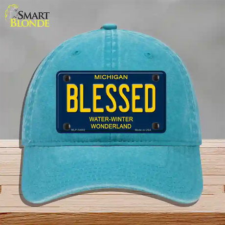 Blessed Michigan Blue Novelty License Plate Hat Unconstructed Cotton / Lake Blue