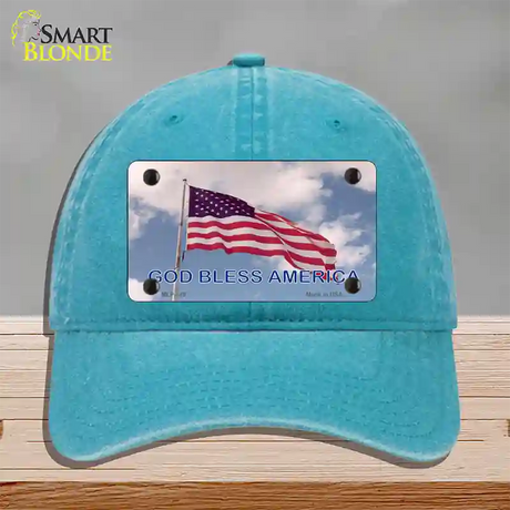 God Bless America Clouds Novelty License Plate Hat Unconstructed Cotton / Lake Blue