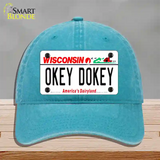 Okey Dokey Wisconsin State Background Novelty License Plate Hat Unconstructed Cotton / Lake Blue