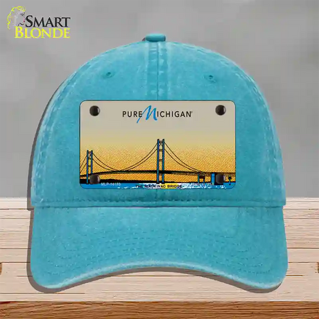 Pure Michigan Mackinac Bridge Novelty License Plate Hat Unconstructed Cotton / Lake Blue