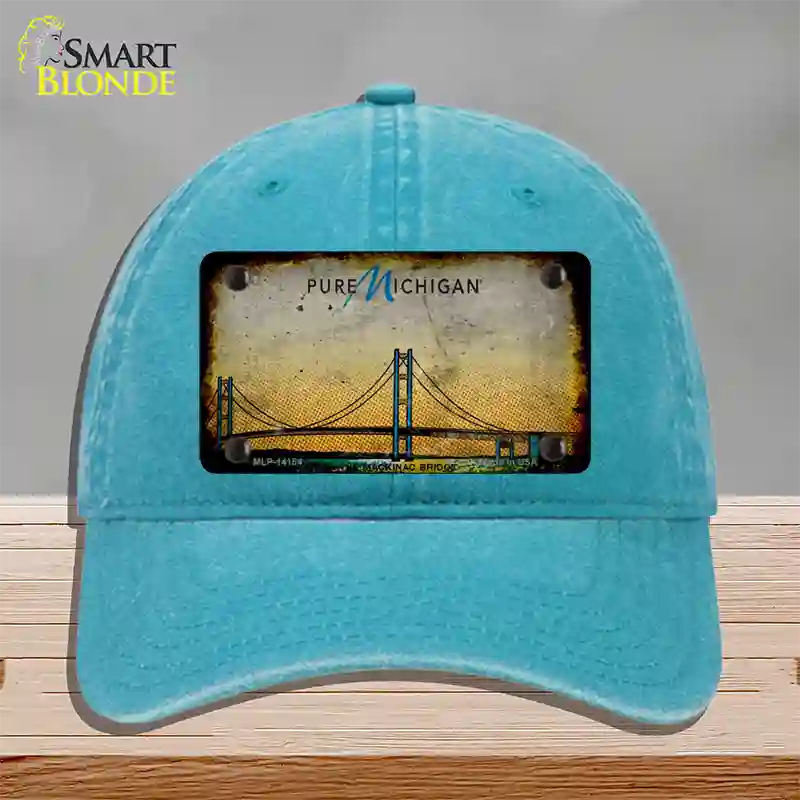 Pure Michigan Mackinac Bridge Rusty Novelty License Plate Hat Unconstructed Cotton / Lake Blue