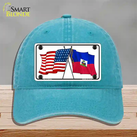 Haiti Crossed US Flag Novelty License Plate Hat Unconstructed Cotton / Lake Blue