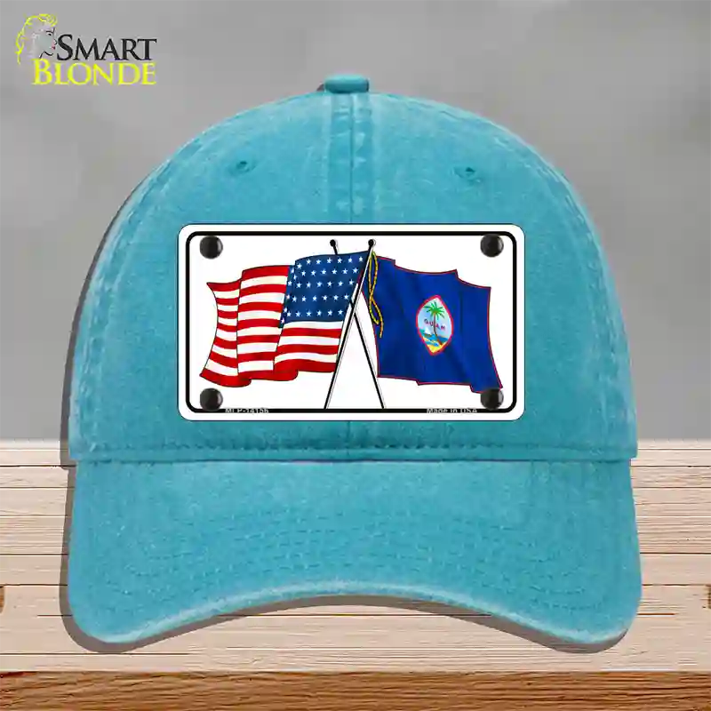 Guam Crossed US Flag Novelty License Plate Hat Unconstructed Cotton / Lake Blue