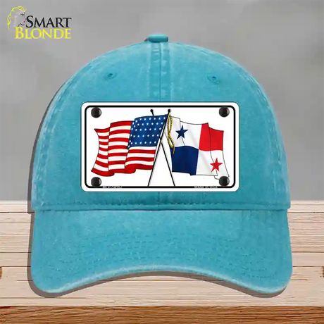 Panama Crossed US Flag Novelty License Plate Hat Unconstructed Cotton / Lake Blue