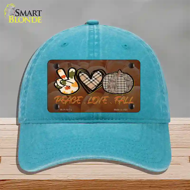 Peace Love Fall Novelty License Plate Hat Unconstructed Cotton / Lake Blue