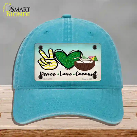 Peace Love Coconut Novelty License Plate Hat Unconstructed Cotton / Lake Blue