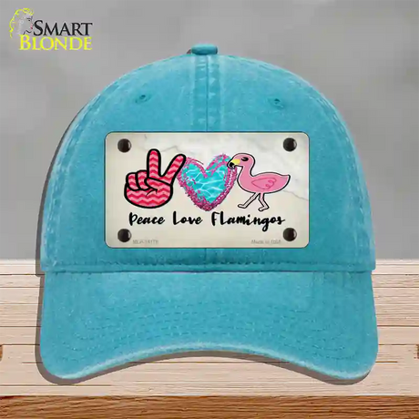 Peace Love Flamingos Novelty License Plate Hat Unconstructed Cotton / Lake Blue