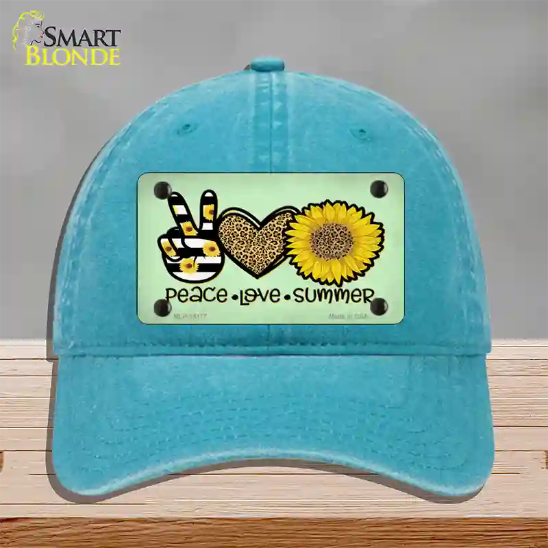 Peace Love Summer Sunflower Novelty License Plate Hat Unconstructed Cotton / Lake Blue