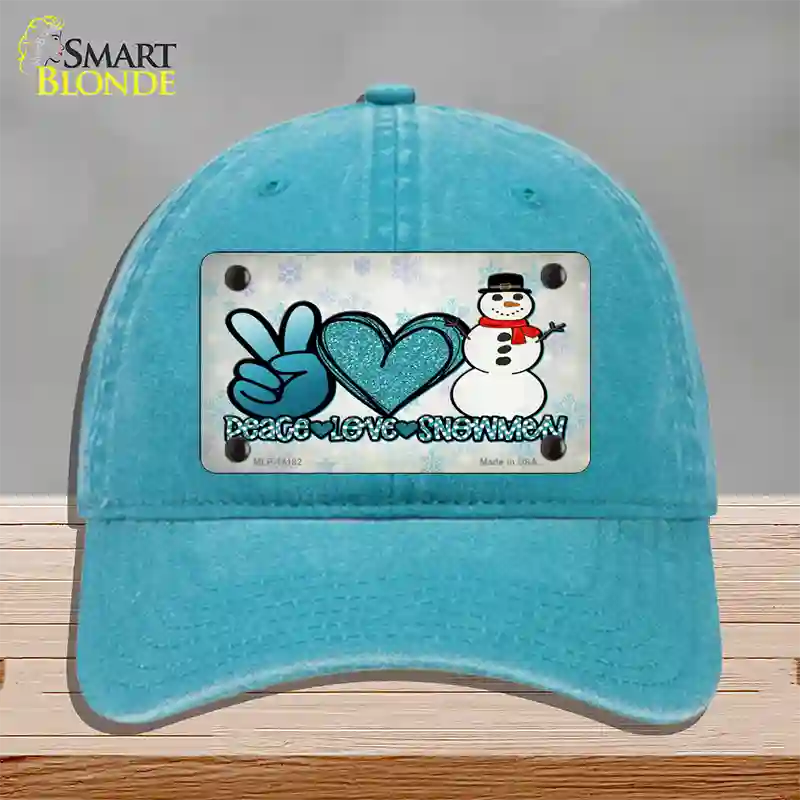 Peace Love Snowman Novelty License Plate Hat Unconstructed Cotton / Lake Blue