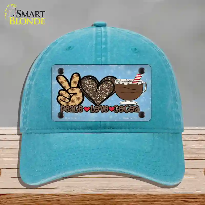 Peace Love Cocoa Novelty License Plate Hat Unconstructed Cotton / Lake Blue