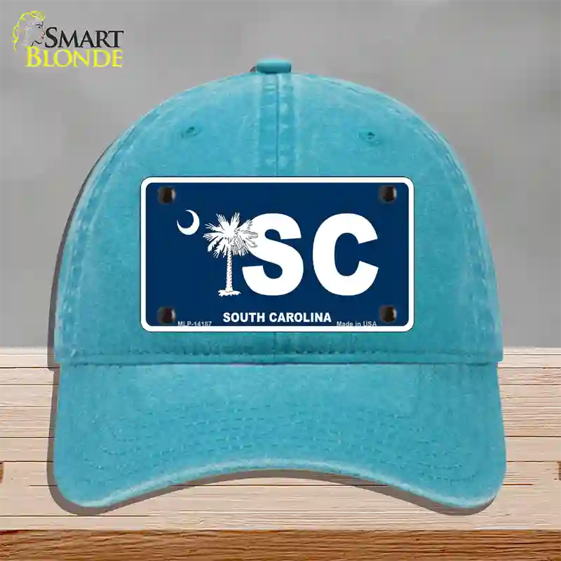 SC South Carolina Flag Novelty License Plate Hat Unconstructed Cotton / Lake Blue