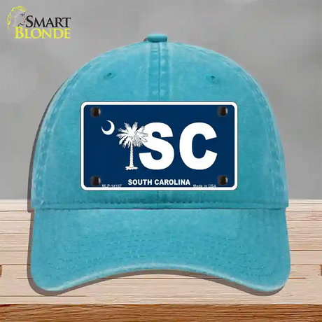 SC South Carolina Flag Novelty License Plate Hat Unconstructed Cotton / Lake Blue