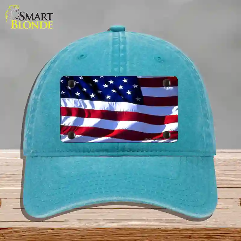 American Flag Wavy Novelty License Plate Hat Unconstructed Cotton / Lake Blue