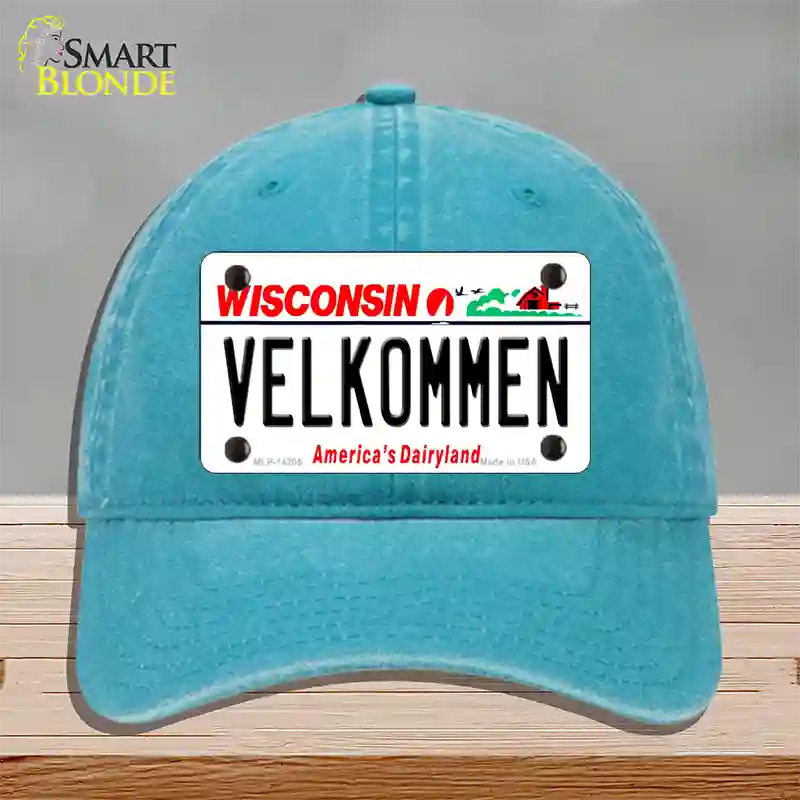 Velkommen Wisconsin Novelty License Plate Hat Unconstructed Cotton / Lake Blue