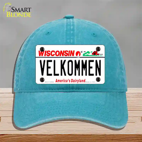 Velkommen Wisconsin Novelty License Plate Hat Unconstructed Cotton / Lake Blue