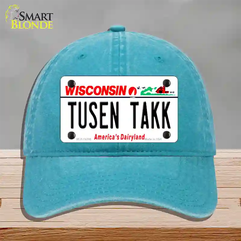 Tusen Takk Wisconsin Novelty License Plate Hat Unconstructed Cotton / Lake Blue