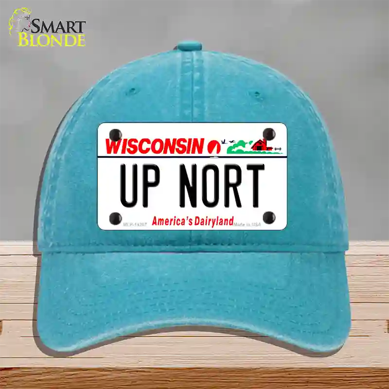 Up Nort Wisconsin Novelty License Plate Hat Unconstructed Cotton / Lake Blue