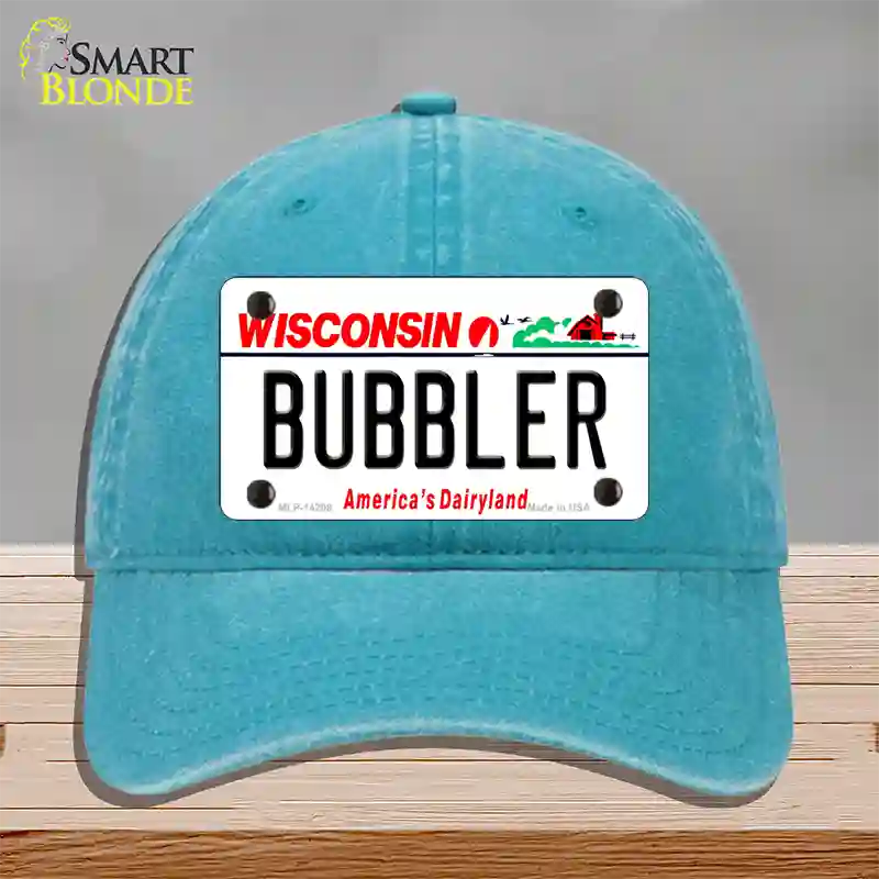 Bubbler Wisconsin Novelty License Plate Hat Unconstructed Cotton / Lake Blue