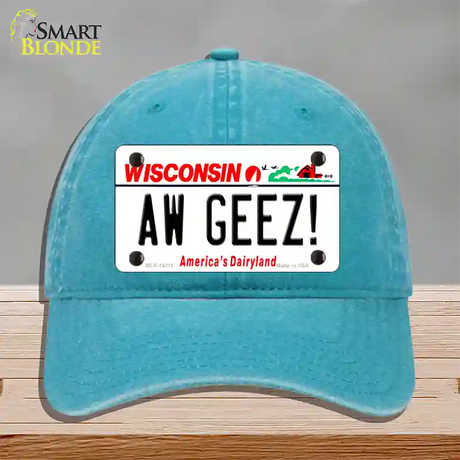 Aw Geez Wisconsin Novelty License Plate Hat Unconstructed Cotton / Lake Blue