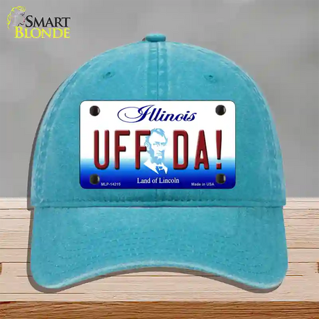 Uff Da Illinois Novelty License Plate Hat Unconstructed Cotton / Lake Blue