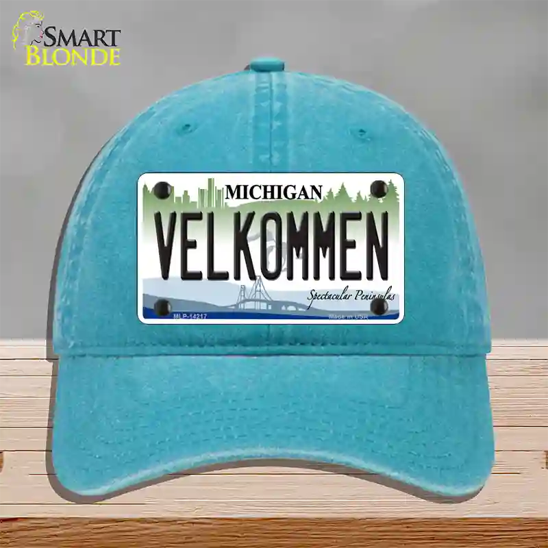 Velkommen Michigan Novelty License Plate Hat Unconstructed Cotton / Lake Blue