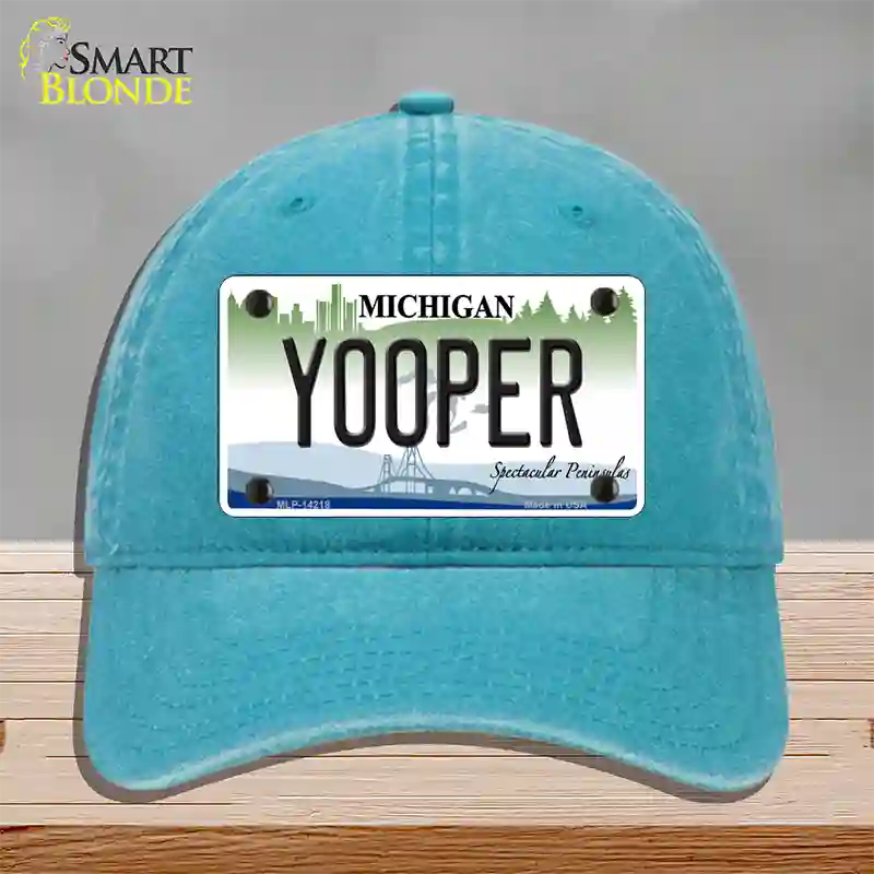 Yooper Michigan Novelty License Plate Hat Unconstructed Cotton / Lake Blue