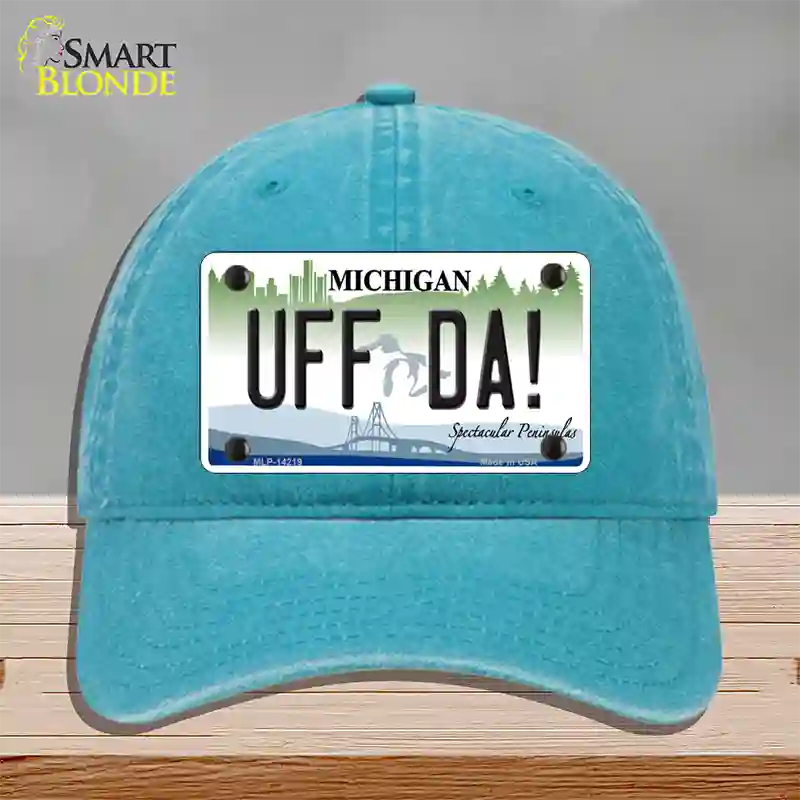 Uff Da Michigan Novelty License Plate Hat Unconstructed Cotton / Lake Blue