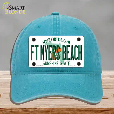 Florida FT Myers Beach Novelty License Plate Hat Unconstructed Cotton / Lake Blue