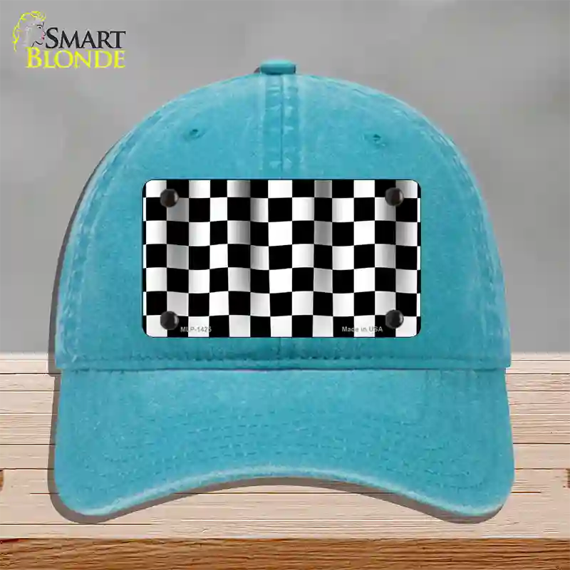 Waving Checkered Flag Novelty License Plate Hat Unconstructed Cotton / Lake Blue