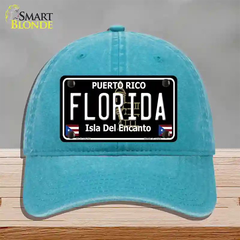 Florida Puerto Rico Black Novelty License Plate Hat Unconstructed Cotton / Lake Blue