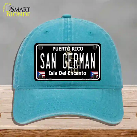 San German Puerto Rico Black Novelty License Plate Hat Unconstructed Cotton / Lake Blue