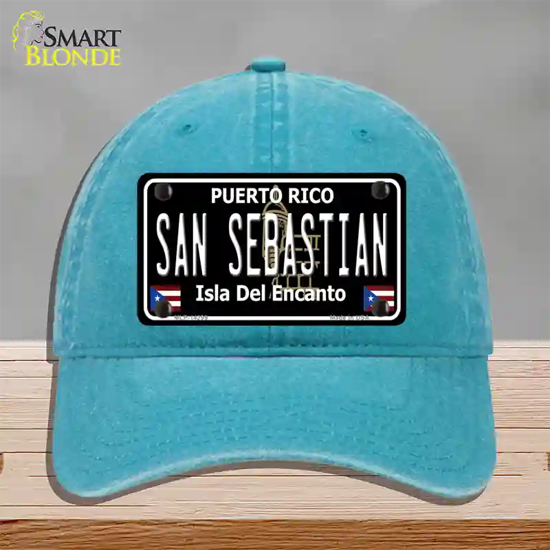 San Sebastian Puerto Rico Black Novelty License Plate Hat Unconstructed Cotton / Lake Blue