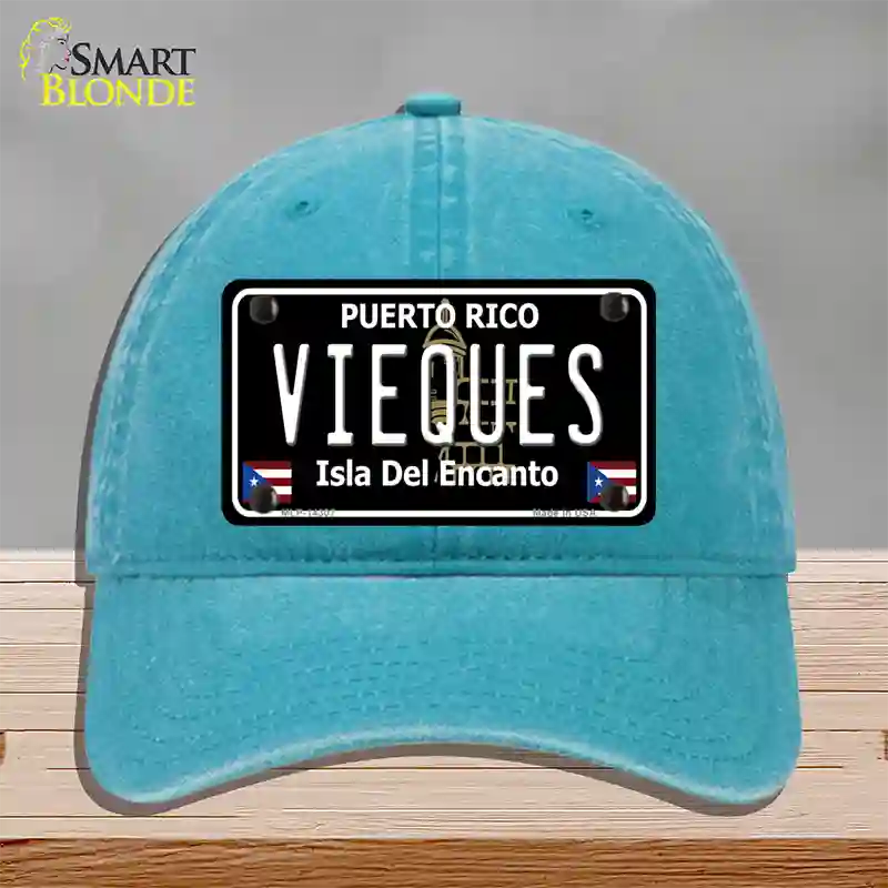 Vieques Puerto Rico Black Novelty License Plate Hat Unconstructed Cotton / Lake Blue