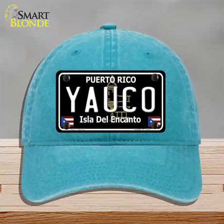 Yauco Puerto Rico Black Novelty License Plate Hat Unconstructed Cotton / Lake Blue