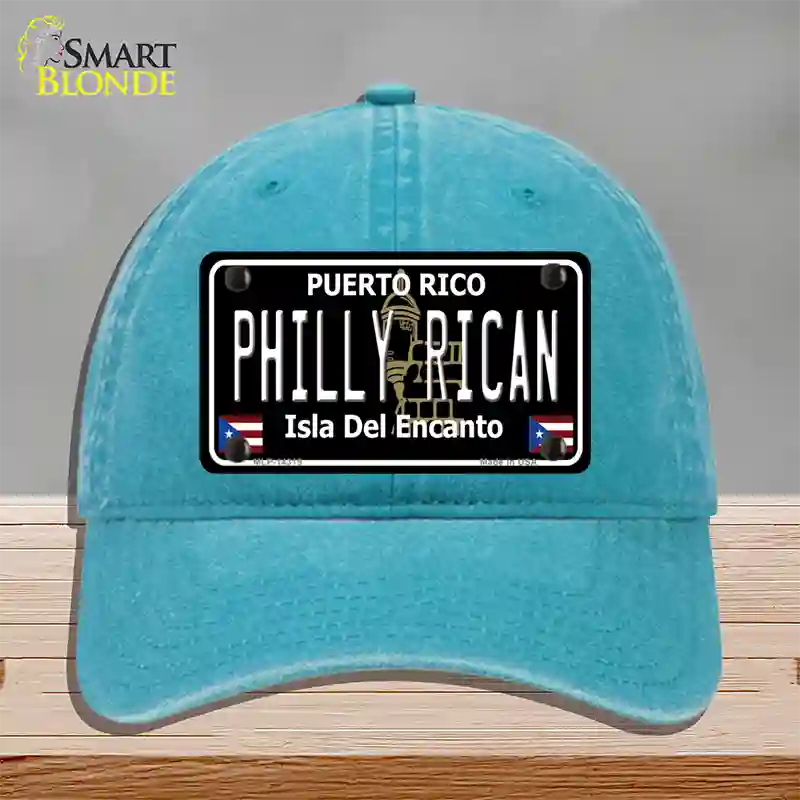 Philly Rican Puerto Rico Black Novelty License Plate Hat Unconstructed Cotton / Lake Blue