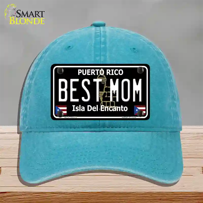 Best Mom Puerto Rico Black Novelty License Plate Hat Unconstructed Cotton / Lake Blue