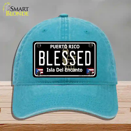 Blessed Puerto Rico Black Novelty License Plate Hat Unconstructed Cotton / Lake Blue