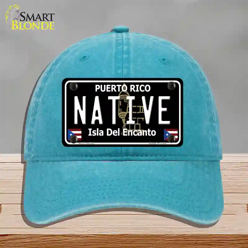 Native Puerto Rico Black Novelty License Plate Hat Unconstructed Cotton / Lake Blue