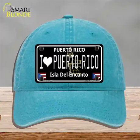 I Love Puerto Rico Black Novelty License Plate Hat Unconstructed Cotton / Lake Blue