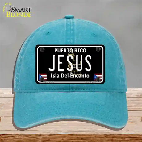 Jesus Puerto Rico Black Novelty License Plate Hat Unconstructed Cotton / Lake Blue