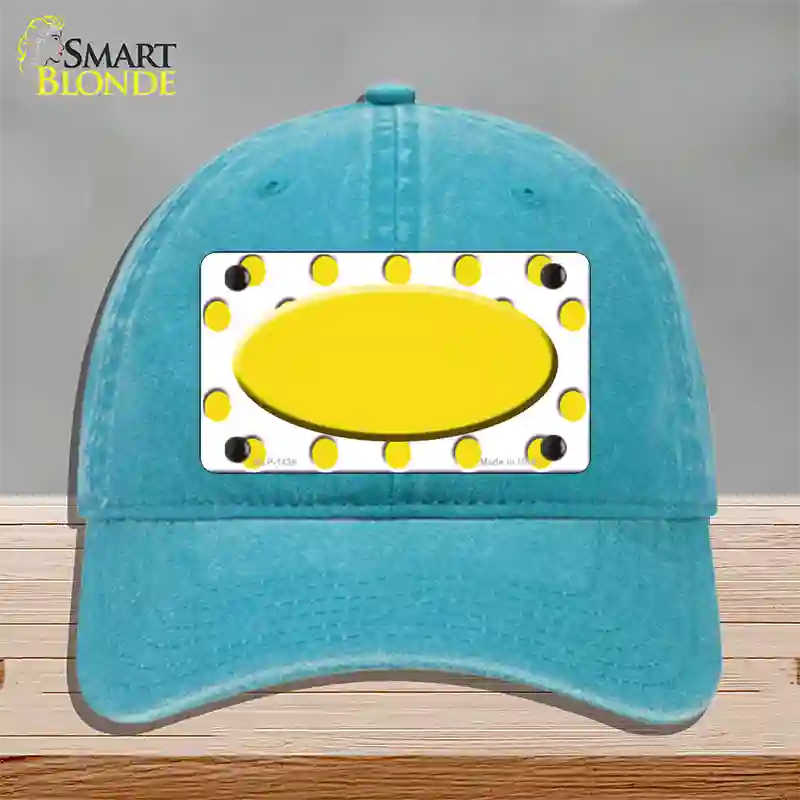 Yellow White Polka Dot Yellow Center Oval Novelty License Plate Hat Unconstructed Cotton / Lake Blue