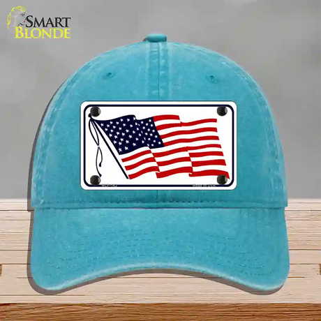 American Flag Waving White Novelty License Plate Hat Unconstructed Cotton / Lake Blue