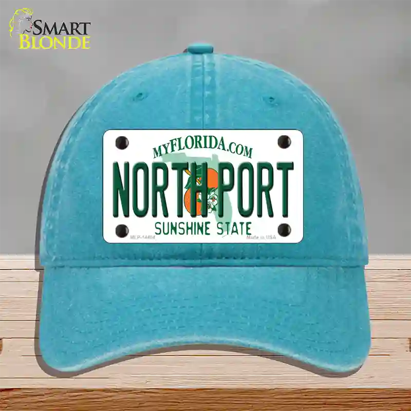 North Port Florida Novelty License Plate Hat Unconstructed Cotton / Lake Blue