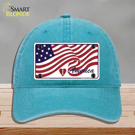 I Love America Flag Novelty License Plate Hat Unconstructed Cotton / Lake Blue