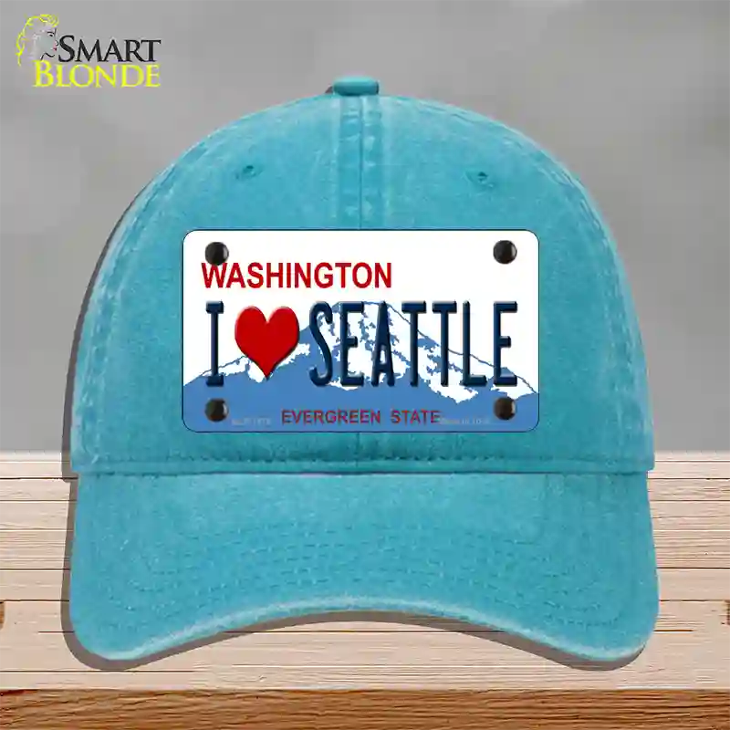 I Love Seattle Washington Novelty License Plate Hat Unconstructed Cotton / Lake Blue