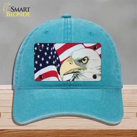 American Flag With Eagle Novelty License Plate Hat Unconstructed Cotton / Lake Blue