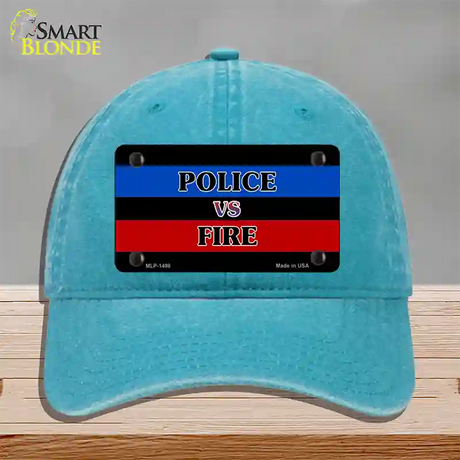 Police Vs. Fire Novelty License Plate Hat Unconstructed Cotton / Lake Blue